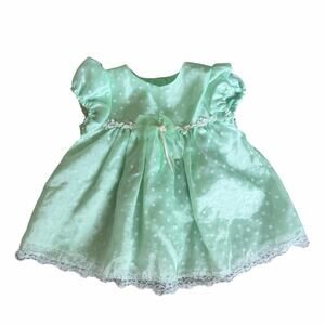 Bryan baby dress 6-9 M Green Polka Dot with Pink Rosette